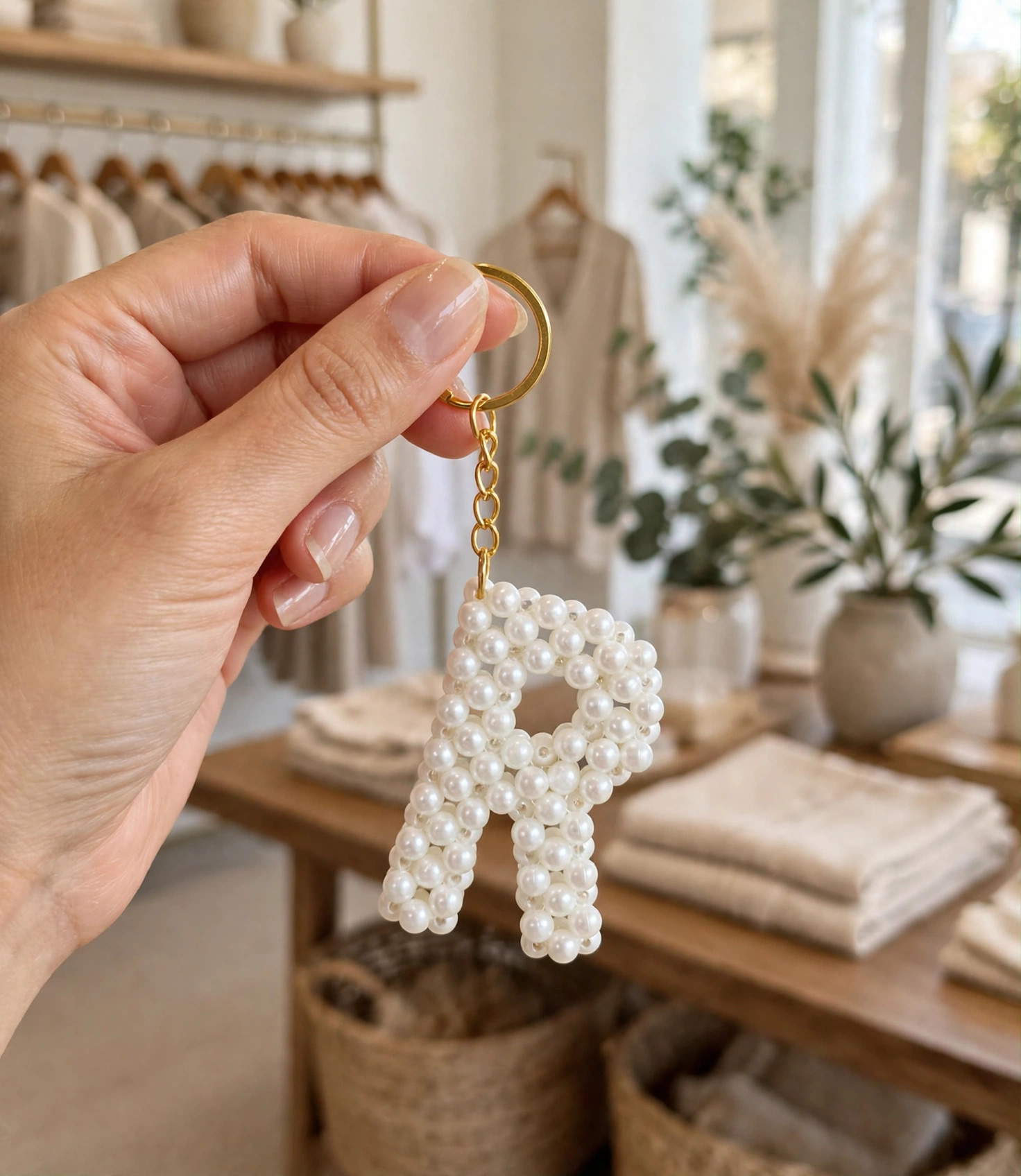 Hand holding pearl initial keychain lifestyle