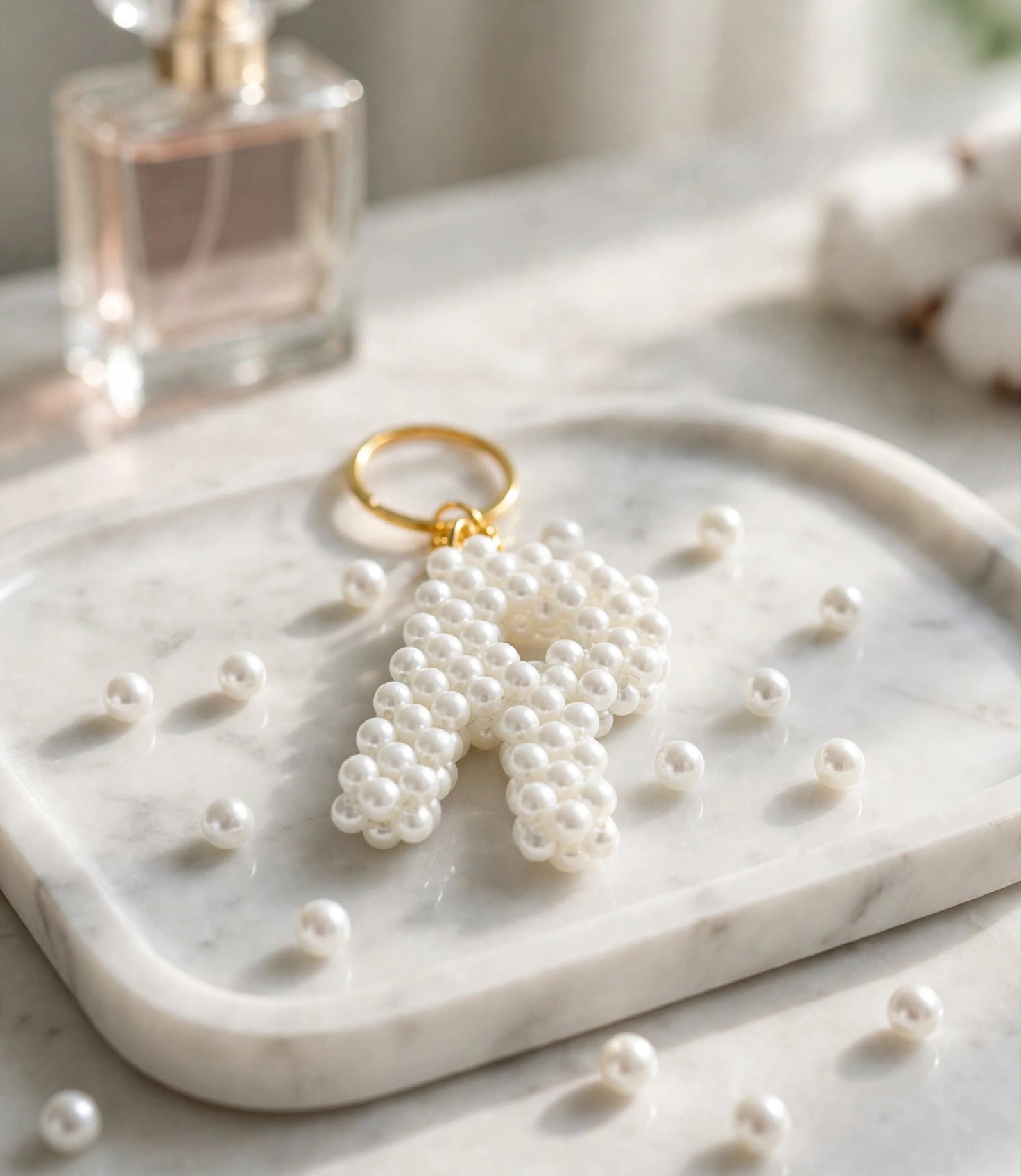 Multiple pearl initial keychains flat lay showing personalization