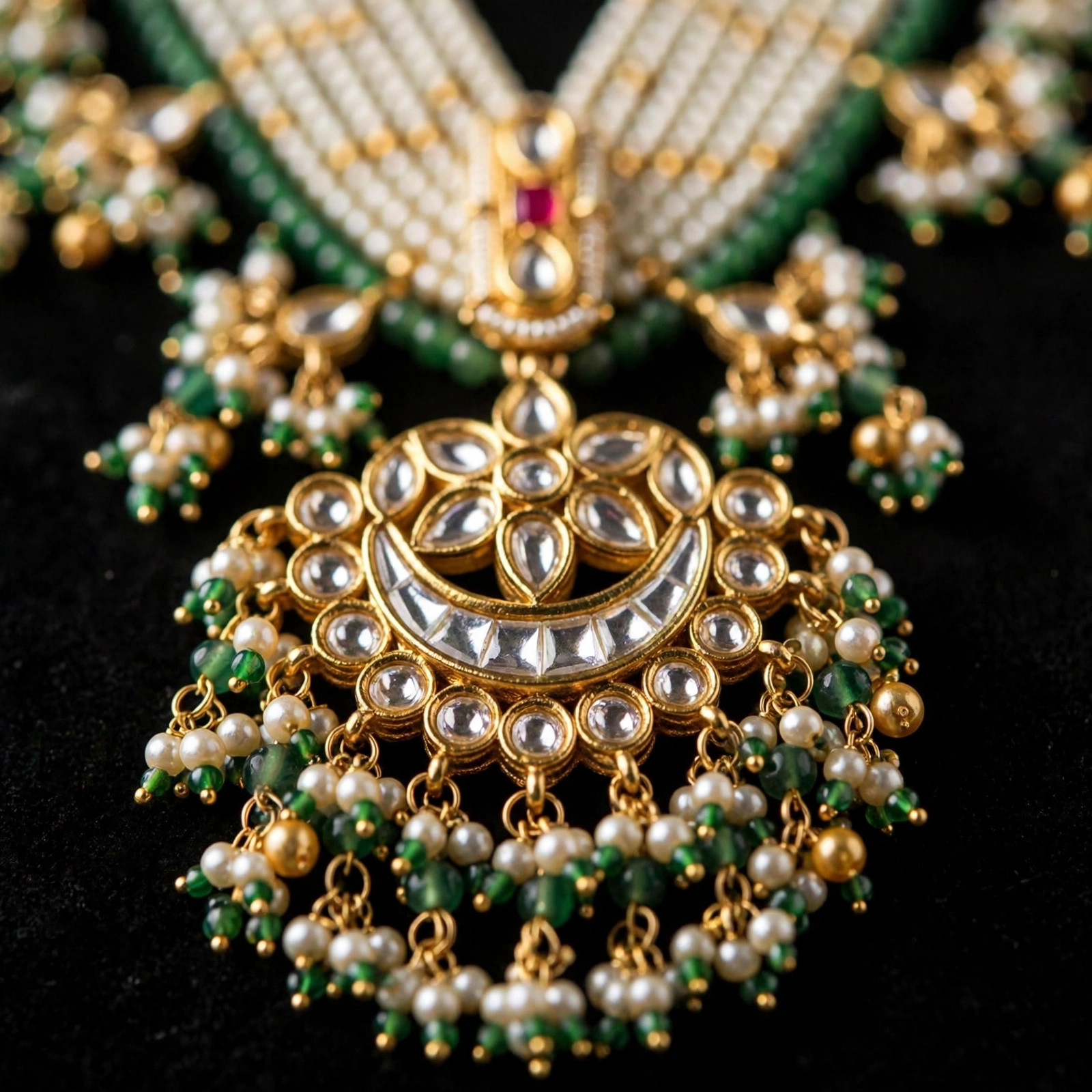Multi-Strand Pearl & Green Kundan Bridal Set — image 3