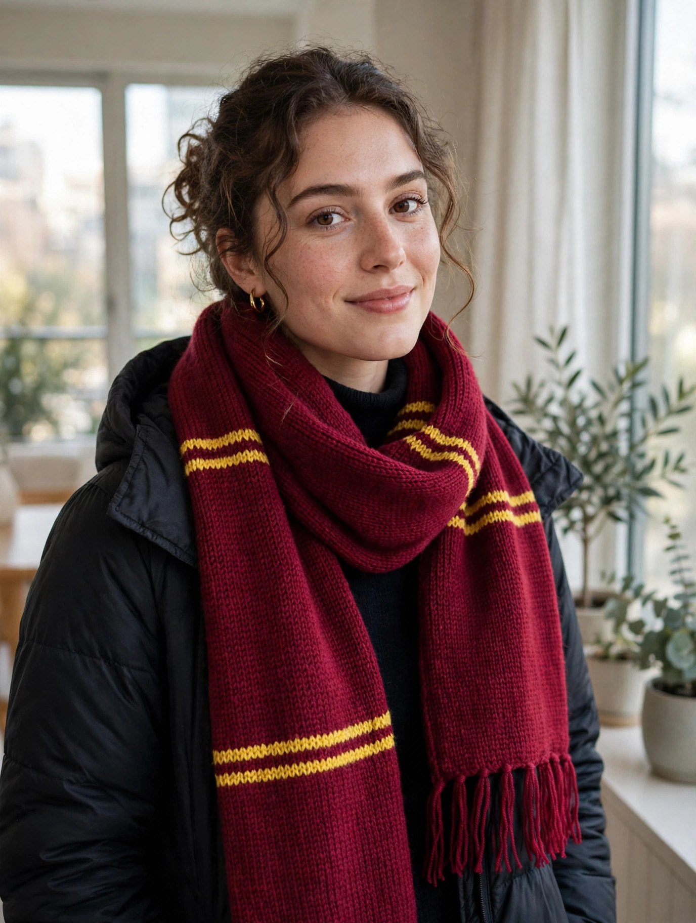 Maroon Knitted Scarf with Gold Stripes — image 2
