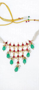 Pearl Lattice Choker with Red Stones & Green Drops