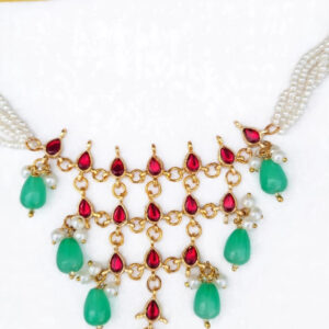 Pearl Lattice Choker with Red Stones & Green Drops — image 1