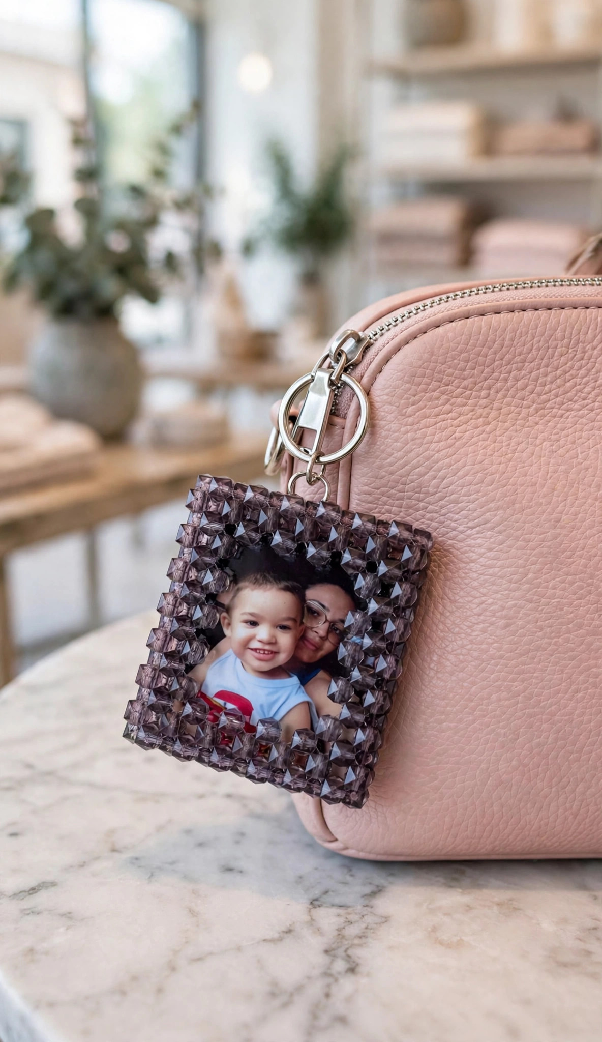 Crystal photo keychain attached to handbag