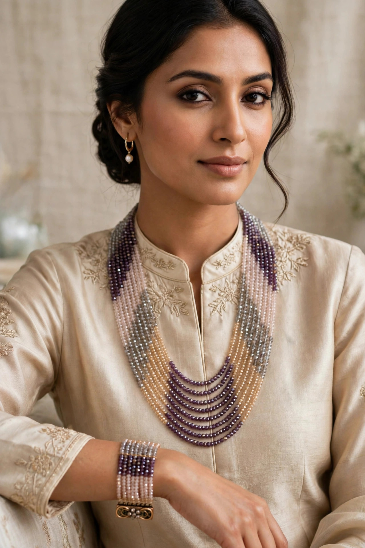 Model wearing multi-strand crystal mala necklace