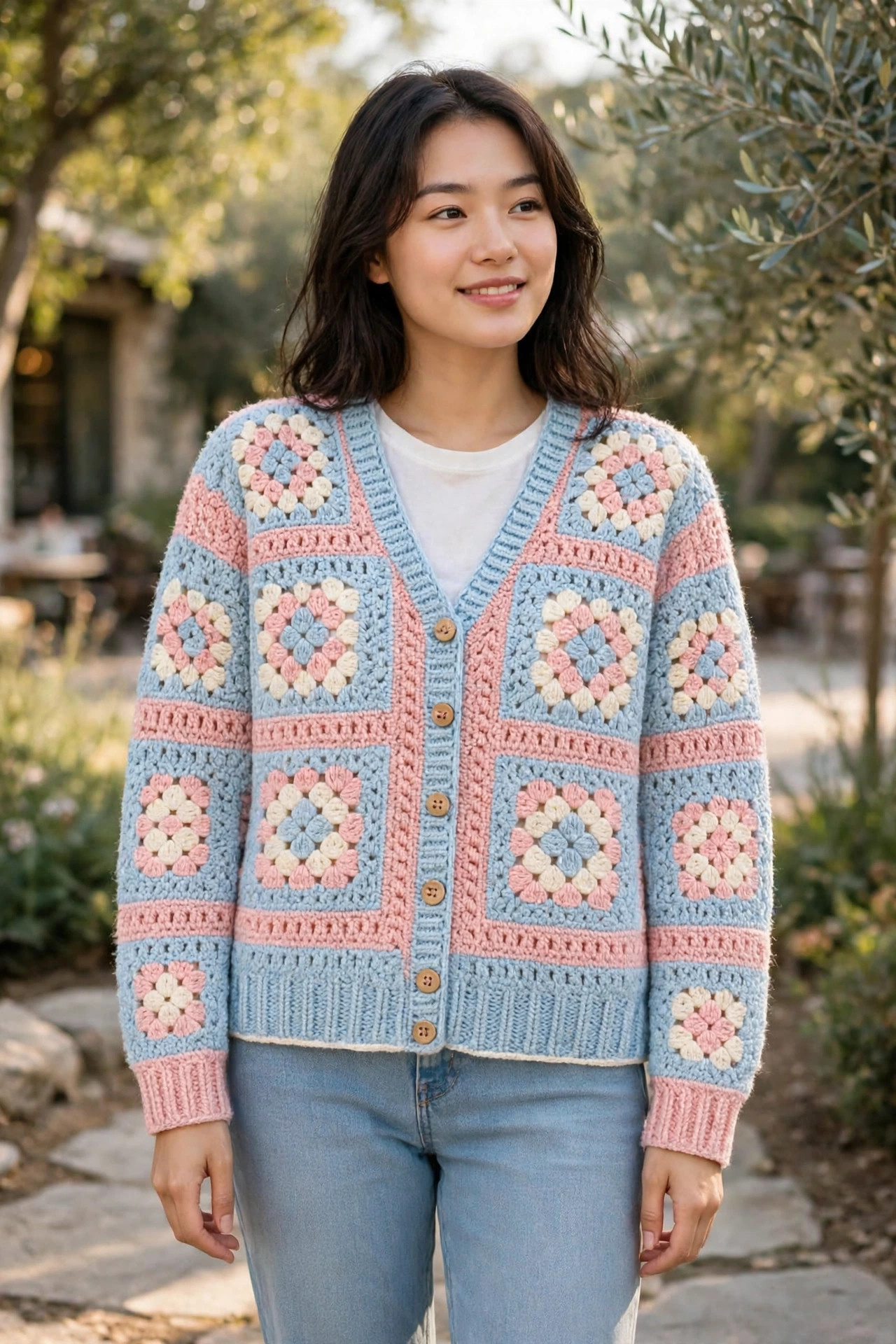 Pastel Blue & Pink Granny Square Cardigan — image 2