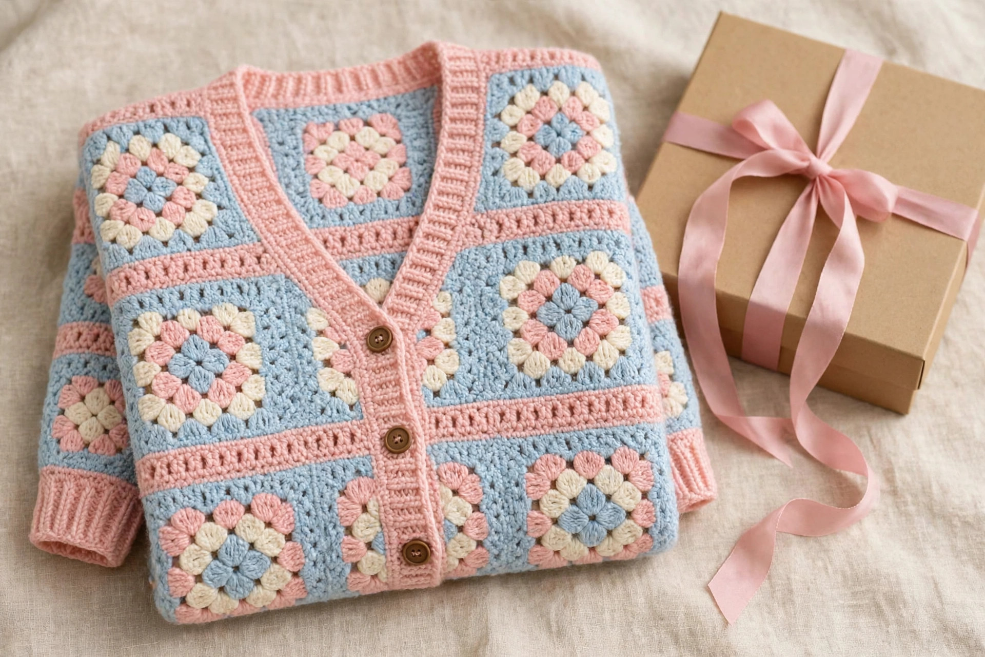 Pastel Blue & Pink Granny Square Cardigan — image 4