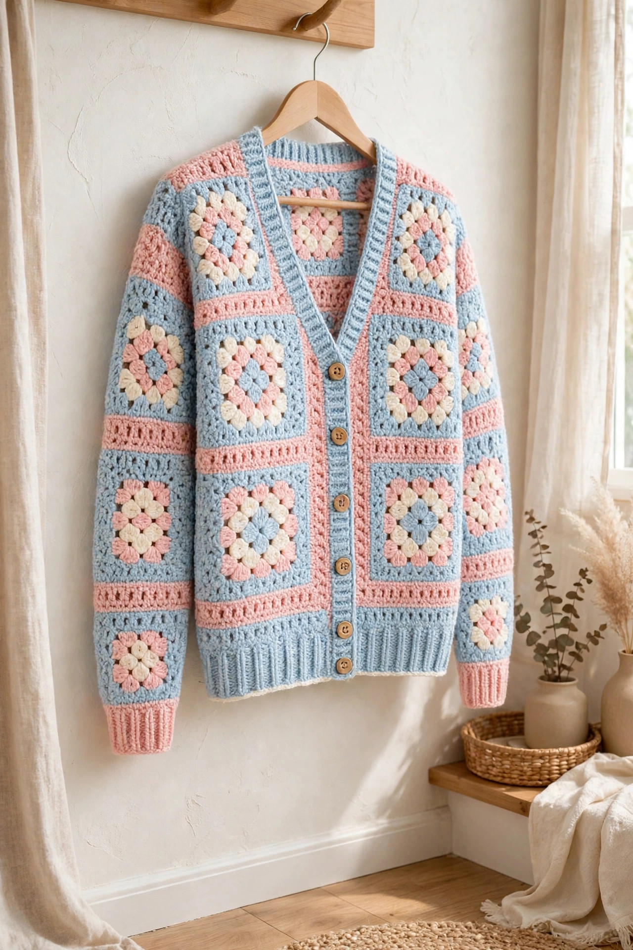 Pastel Blue & Pink Granny Square Cardigan — image 5