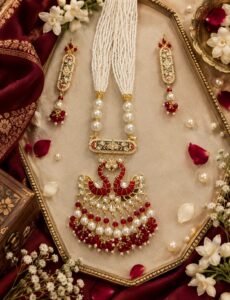 Red Meenakari Pearl Mala Pendant Set with Matching Earrings