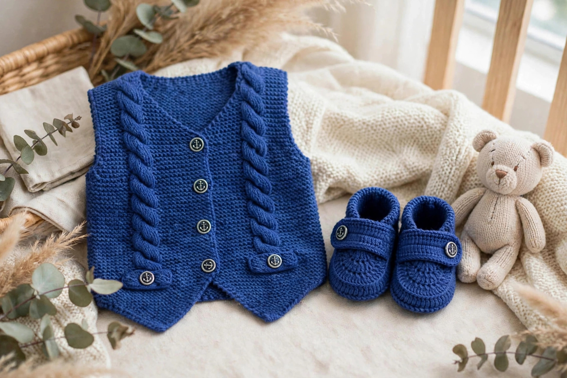 Royal Blue Baby Cable-Knit Vest & Booties Set — image 5