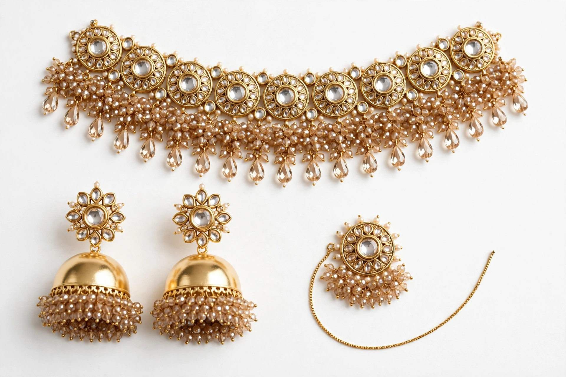 Gold Kundan Choker Set with Jhumka Earrings & Tikka — image 1