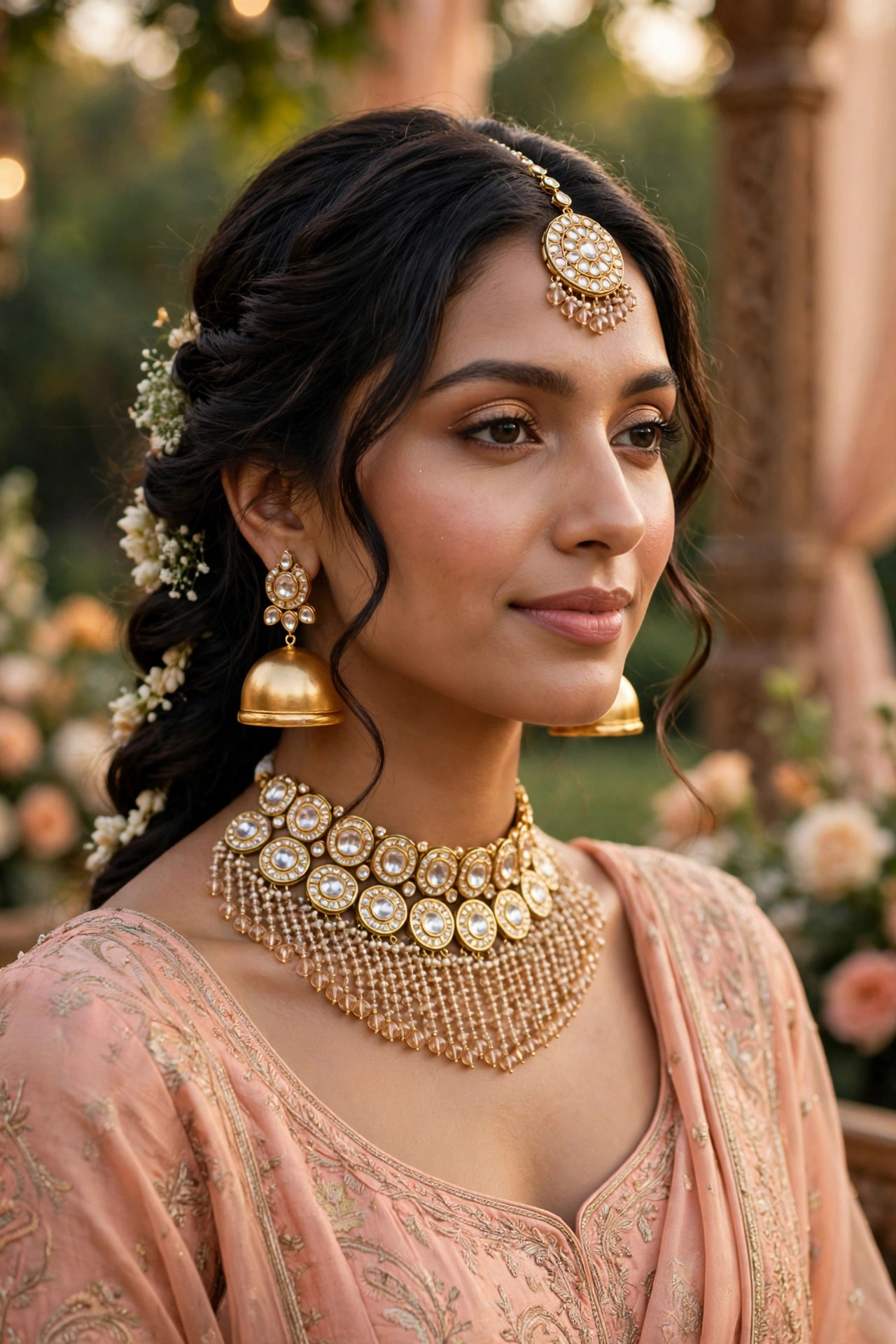 Gold Kundan Choker Set with Jhumka Earrings & Tikka — image 2