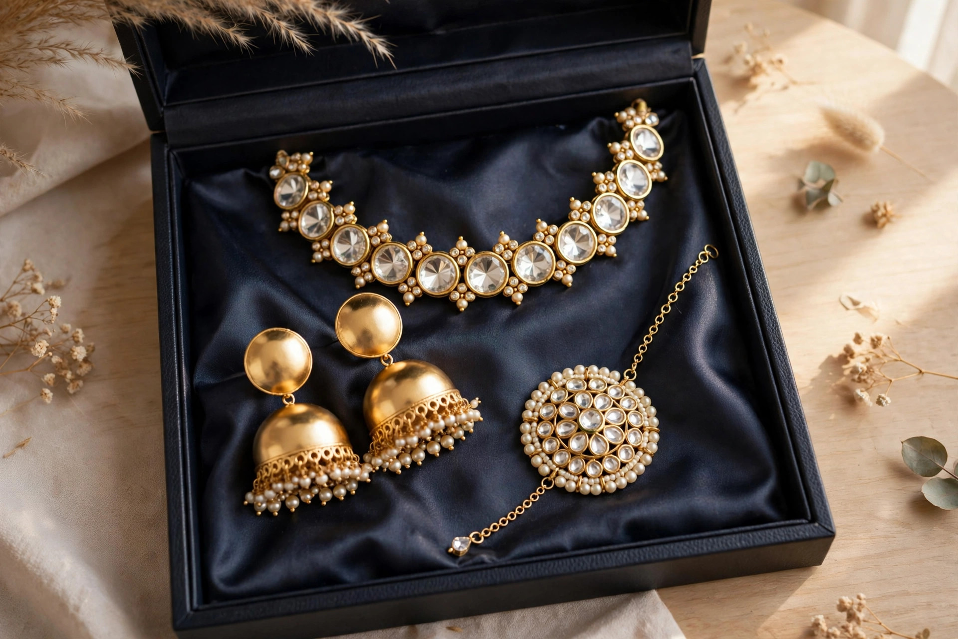 Gold Kundan Choker Set with Jhumka Earrings & Tikka — image 4