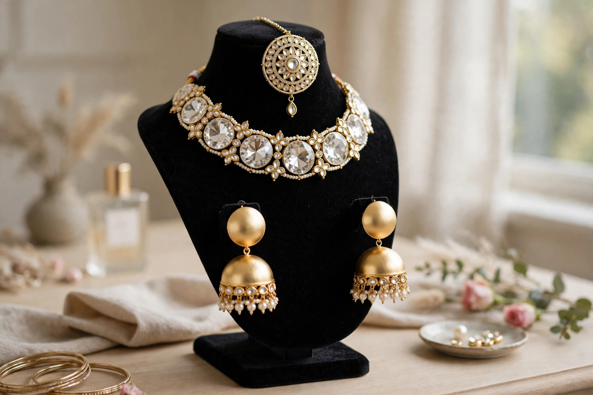 Gold Kundan Choker Set with Jhumka Earrings & Tikka — image 5