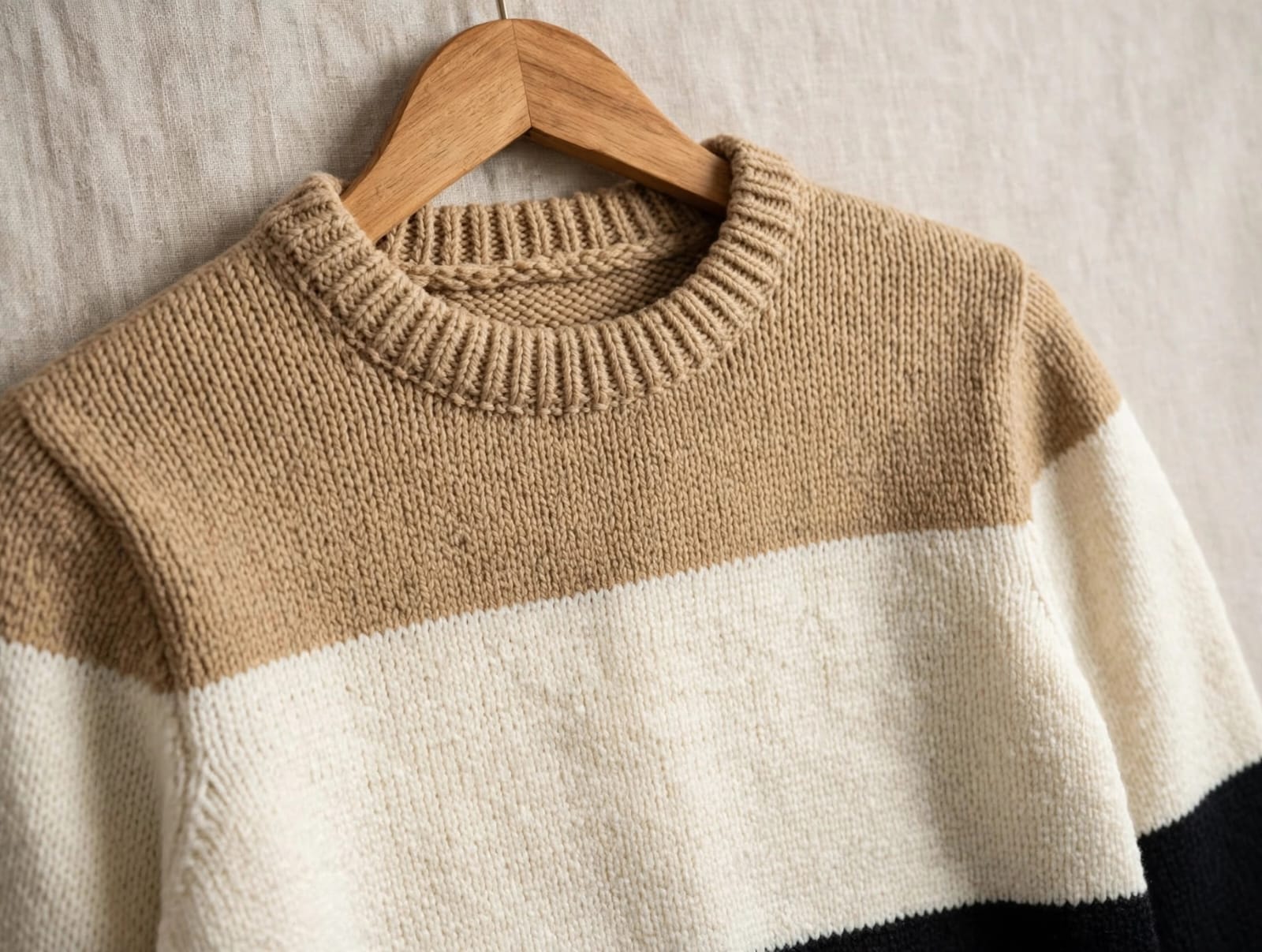Men's color-block knit sweater in camel cream and black on hanger