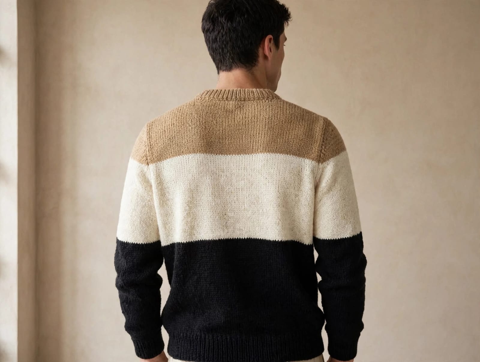 Men's striped knit sweater worn, back view