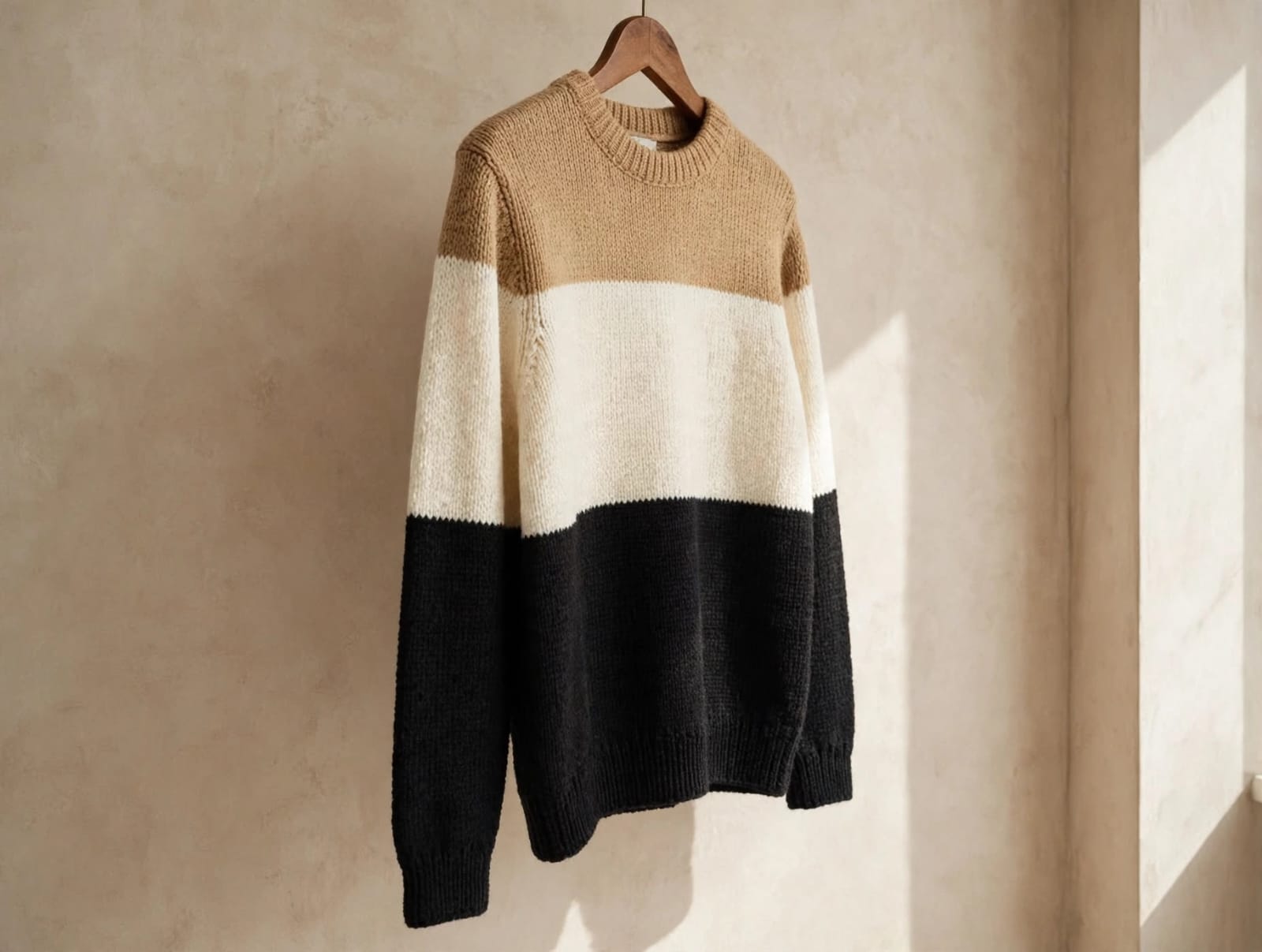 Men's camel cream black striped sweater flat view