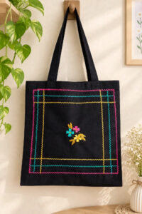 Hand-Embroidered Black Tote – Neon Stitch Frame with Floral Centre
