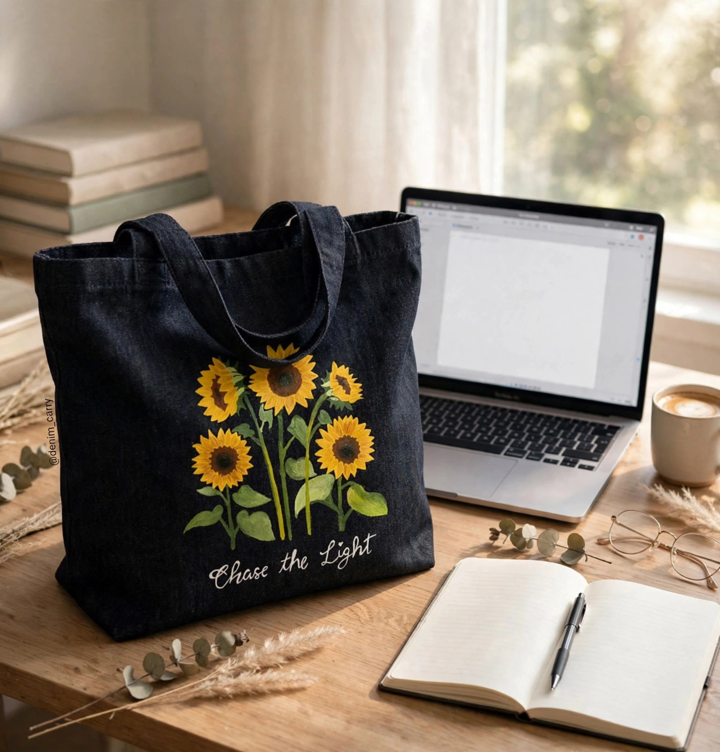 Black sunflower Chase the Light tote — lifestyle image