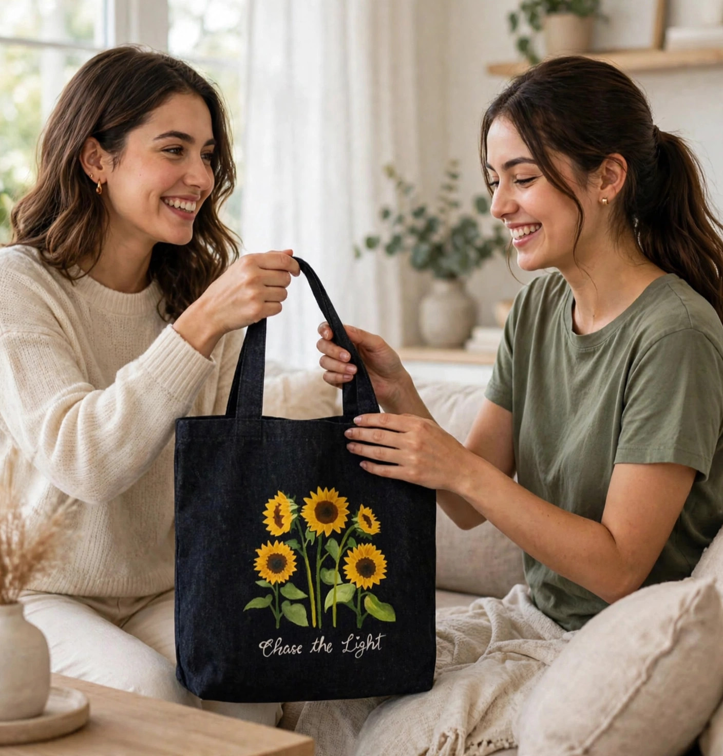 Black sunflower Chase the Light tote — lifestyle image