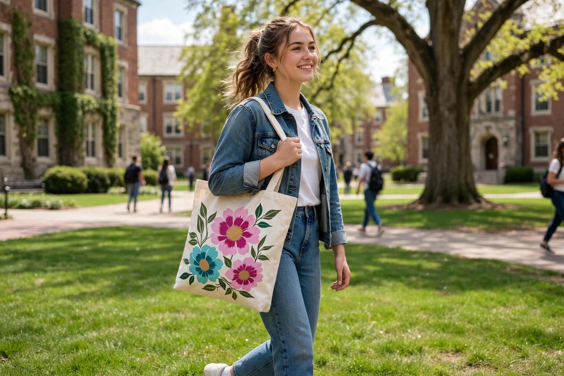 Cream floral print tote — lifestyle image