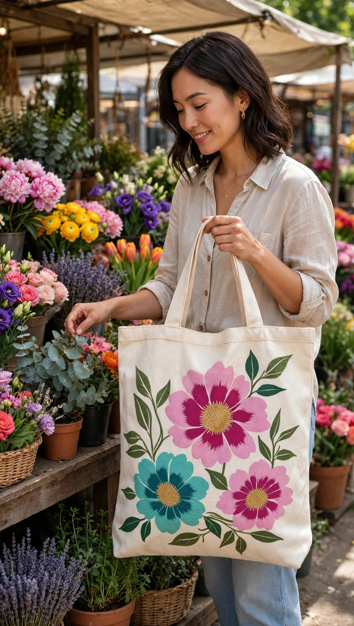 Cream Canvas Tote Bag – Large Pink & Teal Floral Print - Image 4