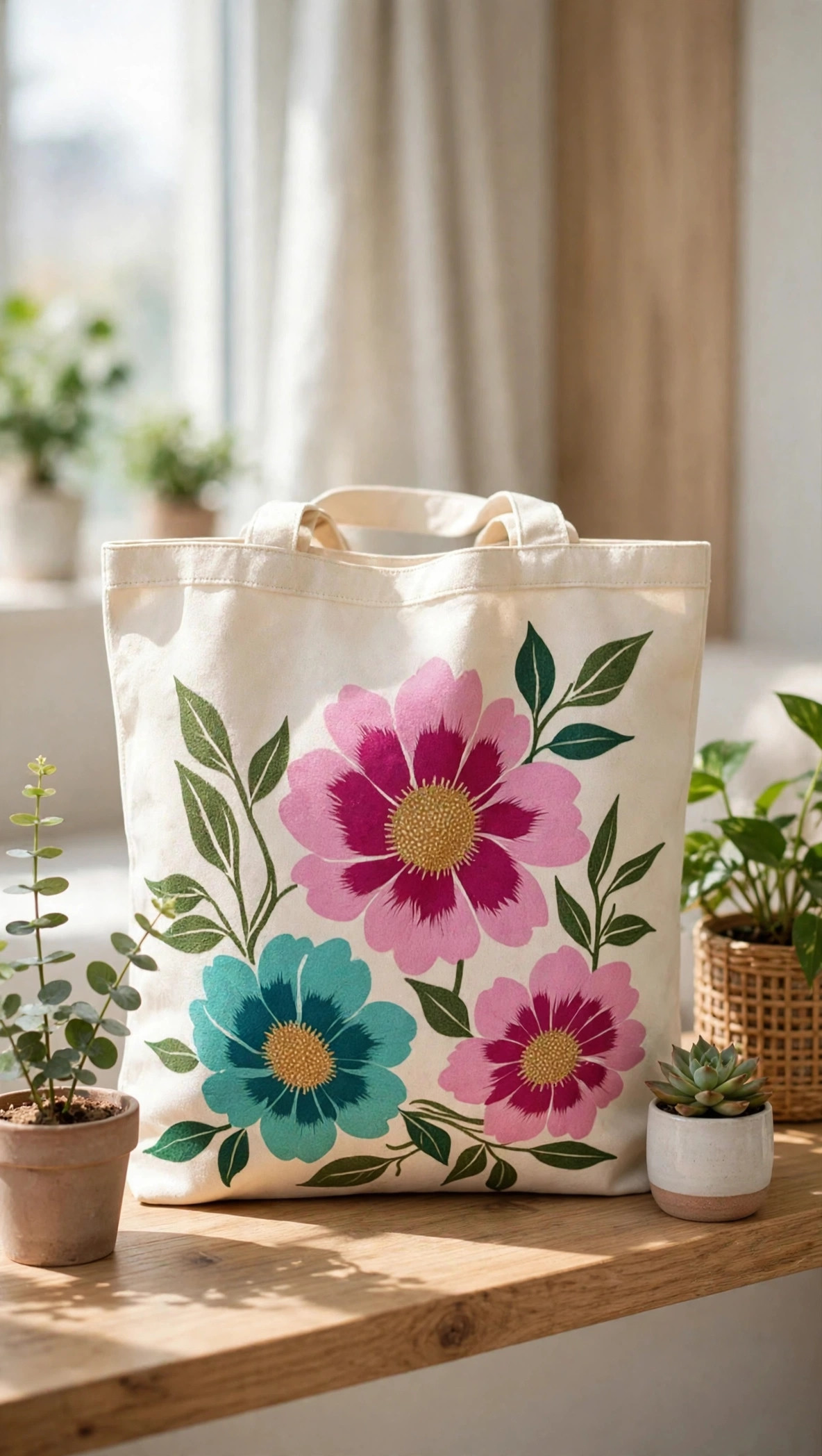 Cream floral print tote — lifestyle image