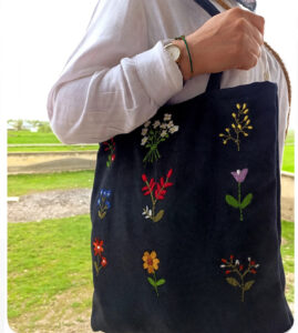 Hand-Embroidered Navy Tote Bag – Scattered Wildflower Stitches