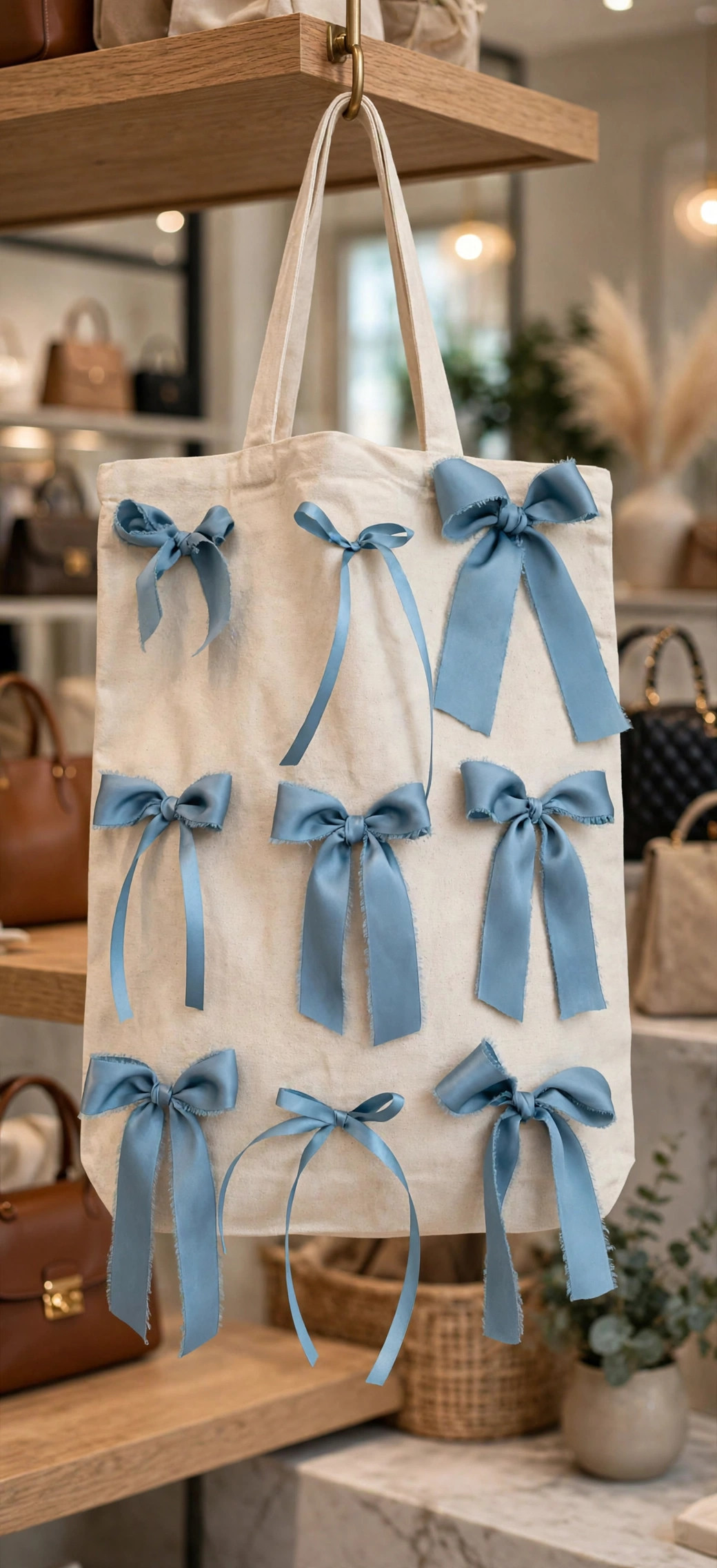 Satin ribbon bow tote — lifestyle: on display