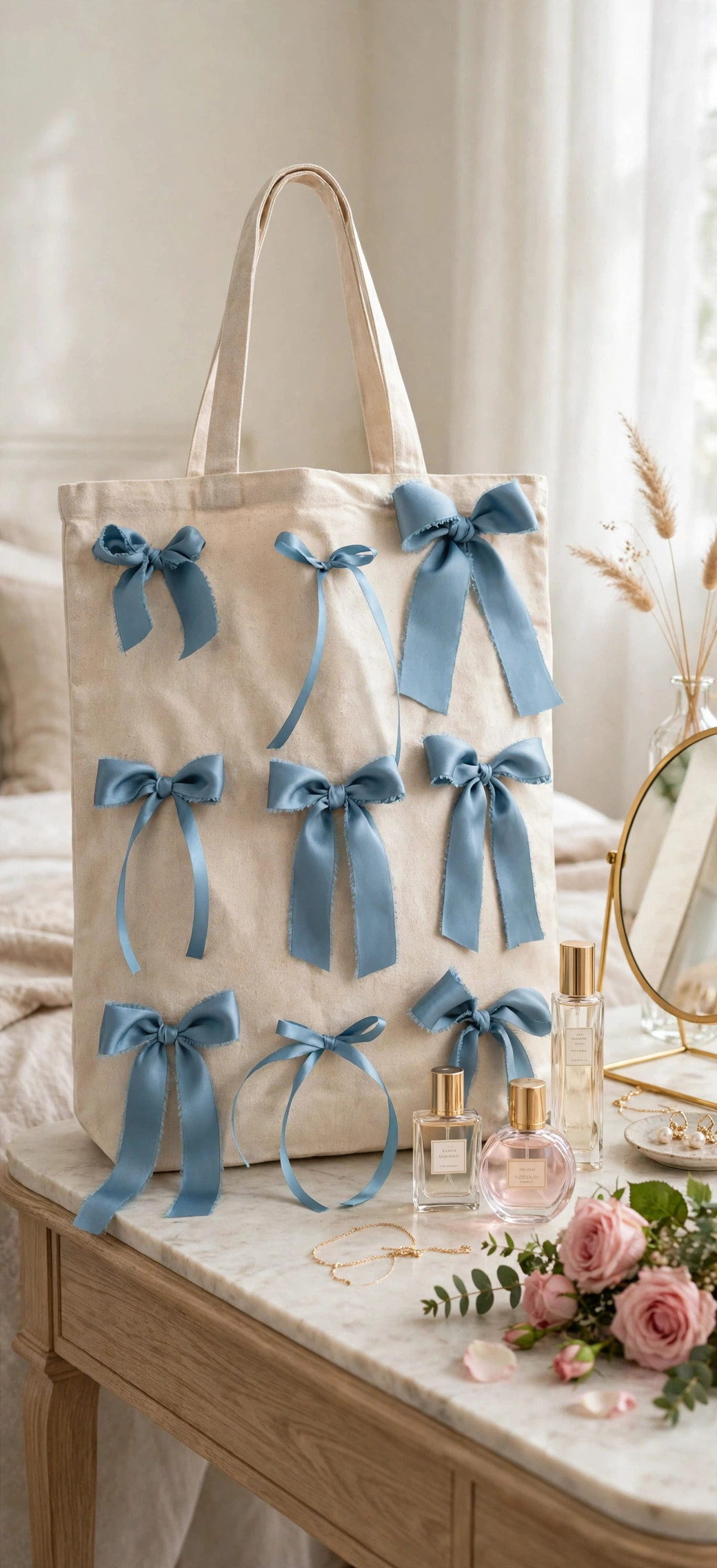 Satin ribbon bow tote — lifestyle: on a vanity table