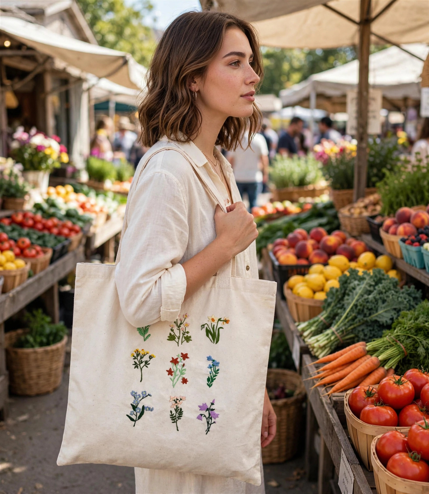 Wildflower botanical embroidered tote — lifestyle image
