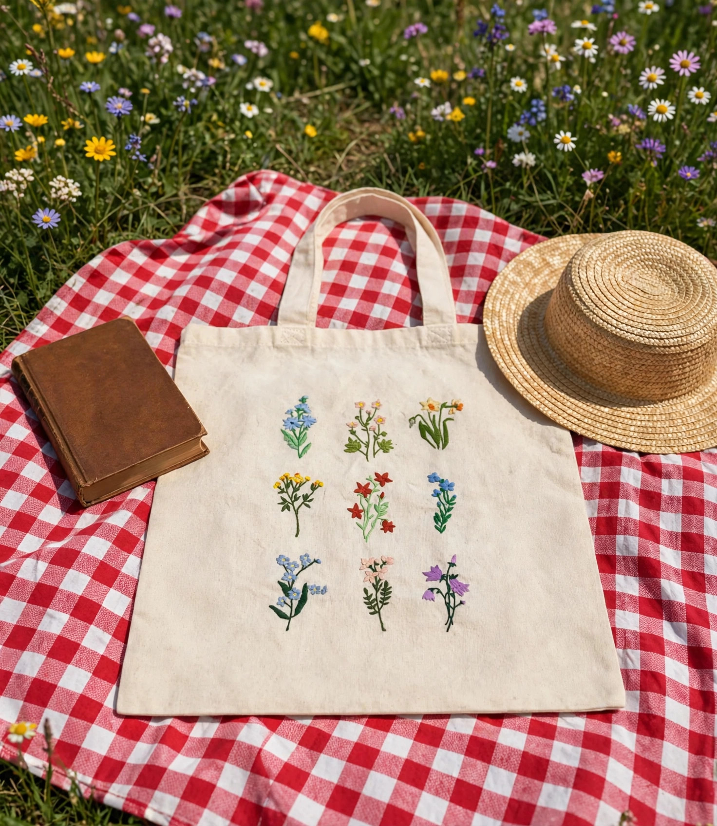 Wildflower botanical embroidered tote — lifestyle image