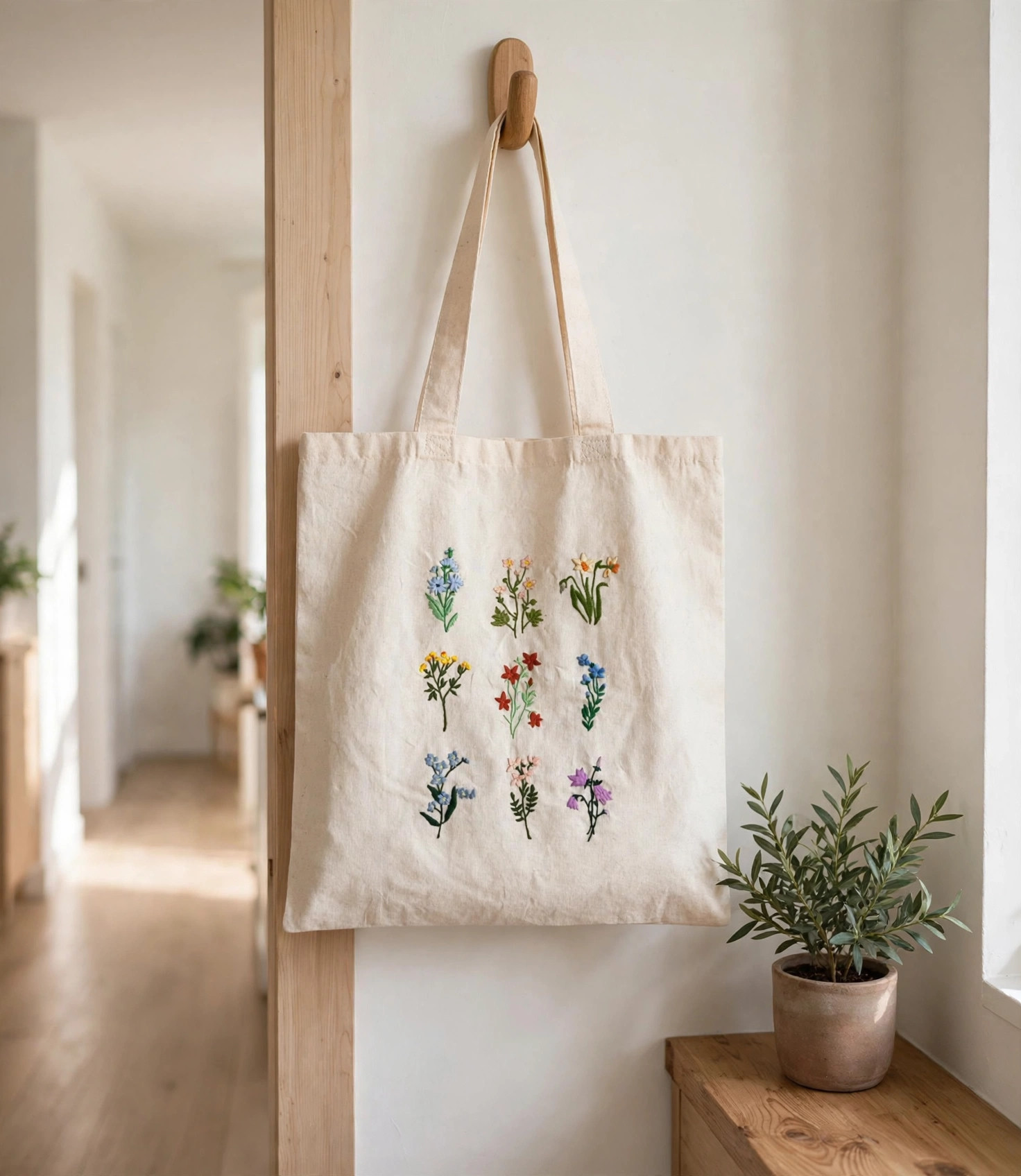 Wildflower botanical embroidered tote — lifestyle image