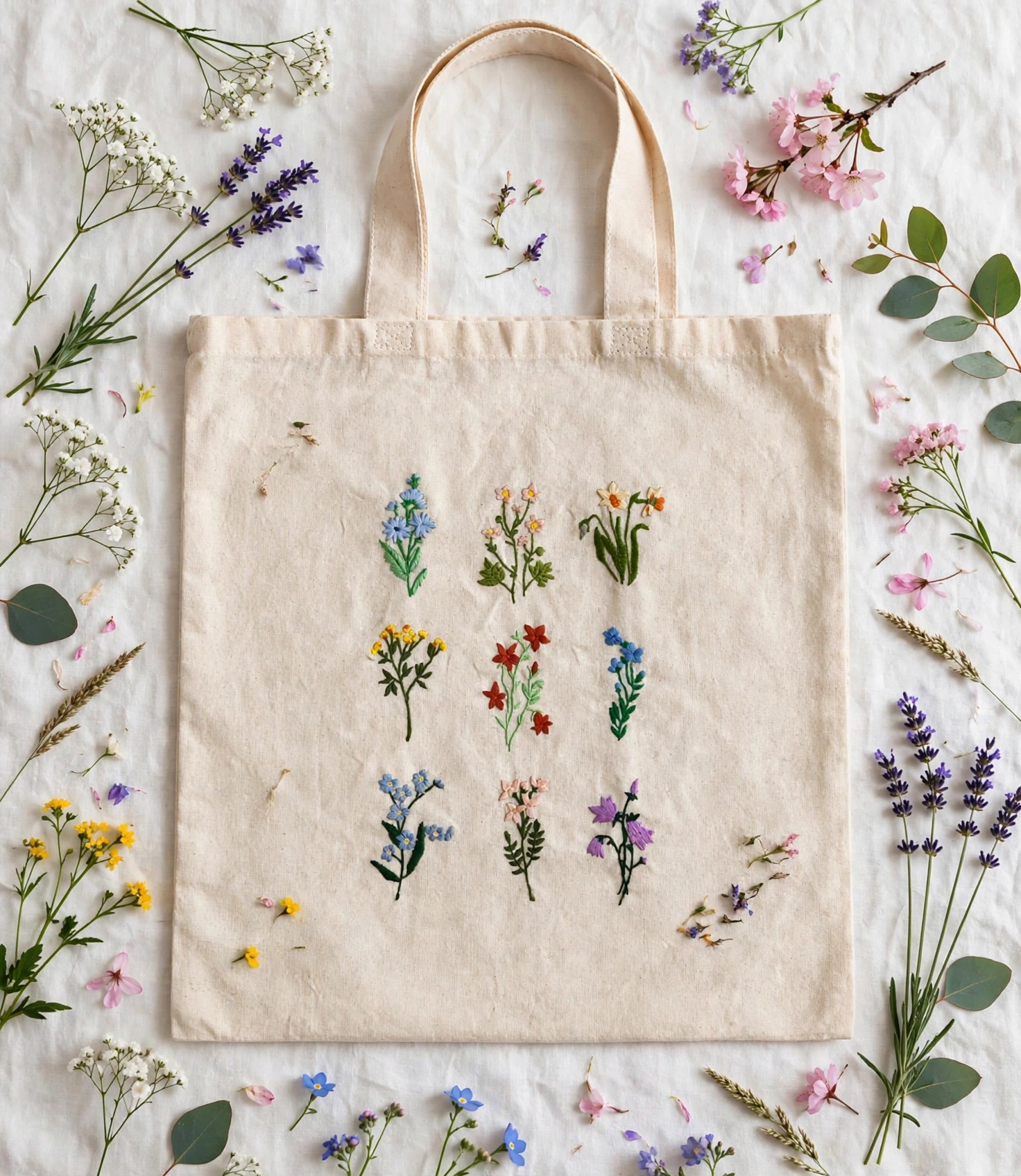 Wildflower botanical embroidered tote — lifestyle image